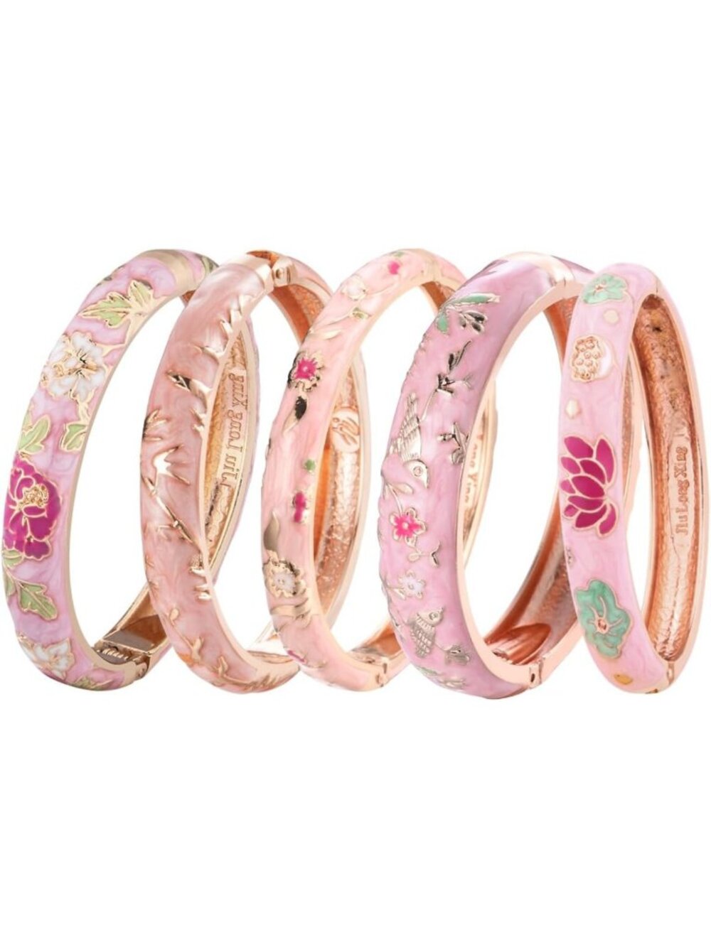 5 Pcs Enamel Cloisonne Bangles Set - Rose Flower Engraved Bracelets in Box